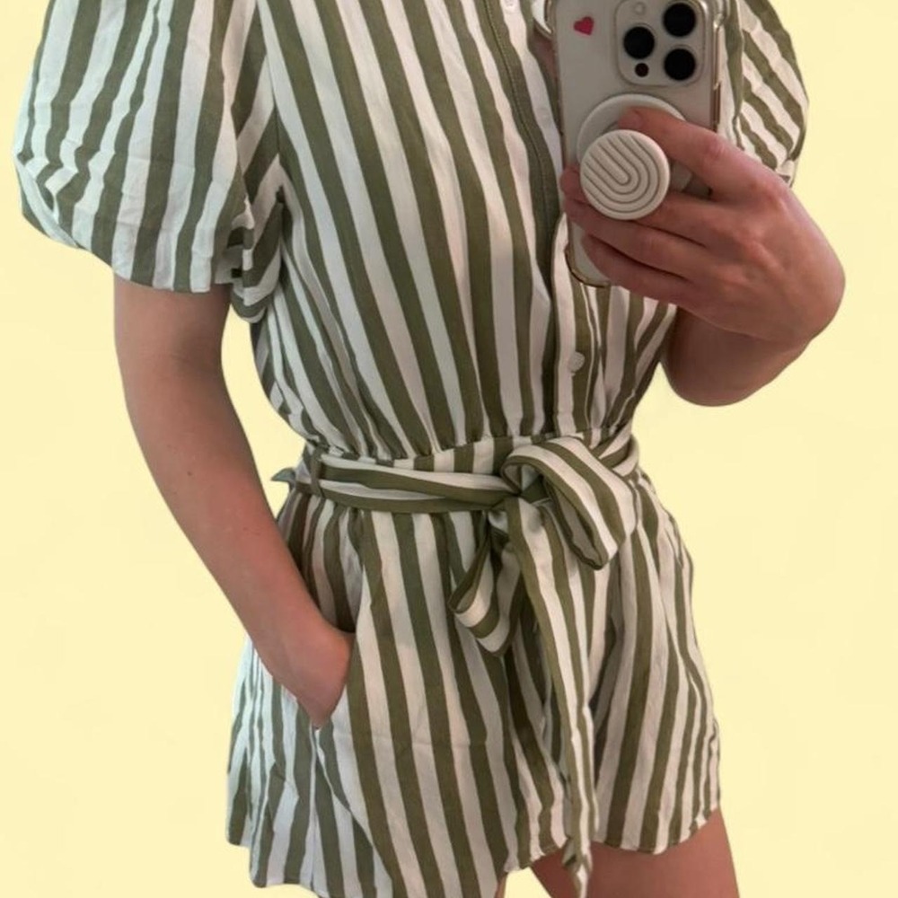 Anthropologie En Saison green and white striped romper Size M